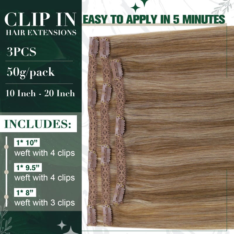 RUNATURE Blonde Clip in Hair Extensions, Real Human Hair Clip in Extensions, Remy Hair Extensions Clip Ins, Add Hair Volume, 14 Inch 50g 3pcs #10P16 Dark Blonde Highlight Caramel Blonde - Image 3